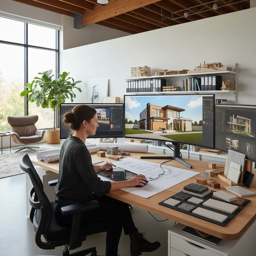 Diseñador trabajando en un modelo digital de fachada residencial