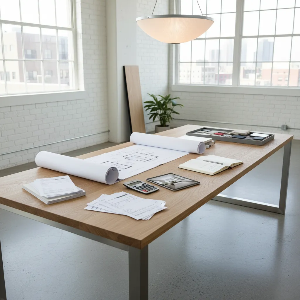 Planificación de proyecto de interiorismo con documentos financieros y planos