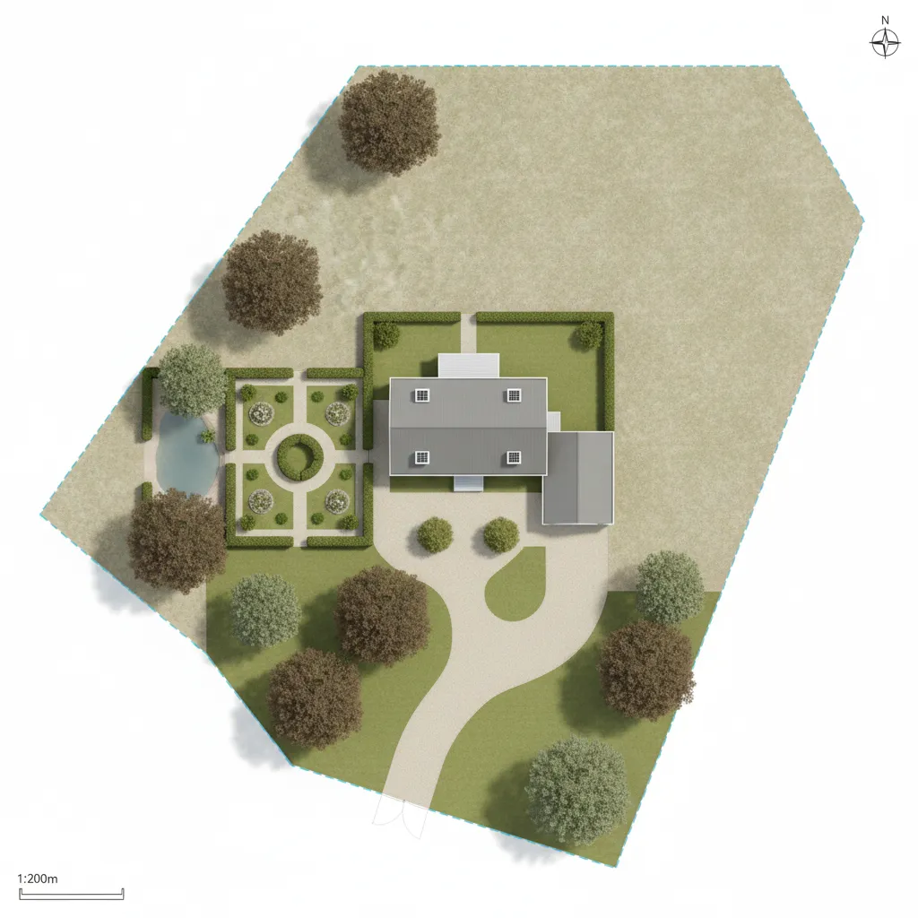 Top down 3D house layout showing a home with driveway circular garden trees and pond