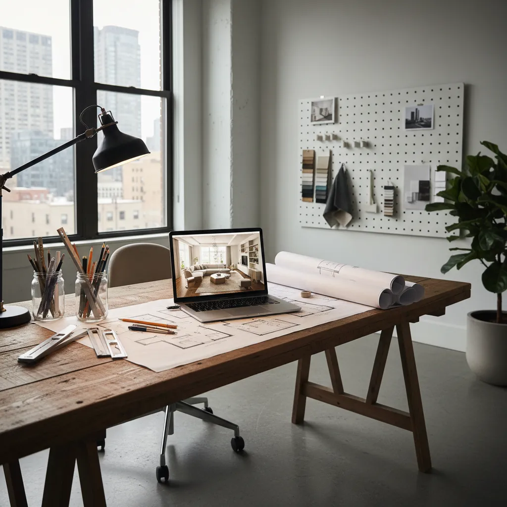 Diseñador planificando distribución de muebles en un plano de interior