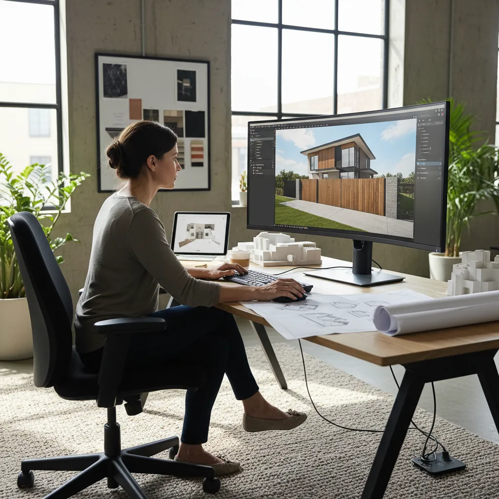 Visualización digital del diseño del frente de una casa con reja moderna