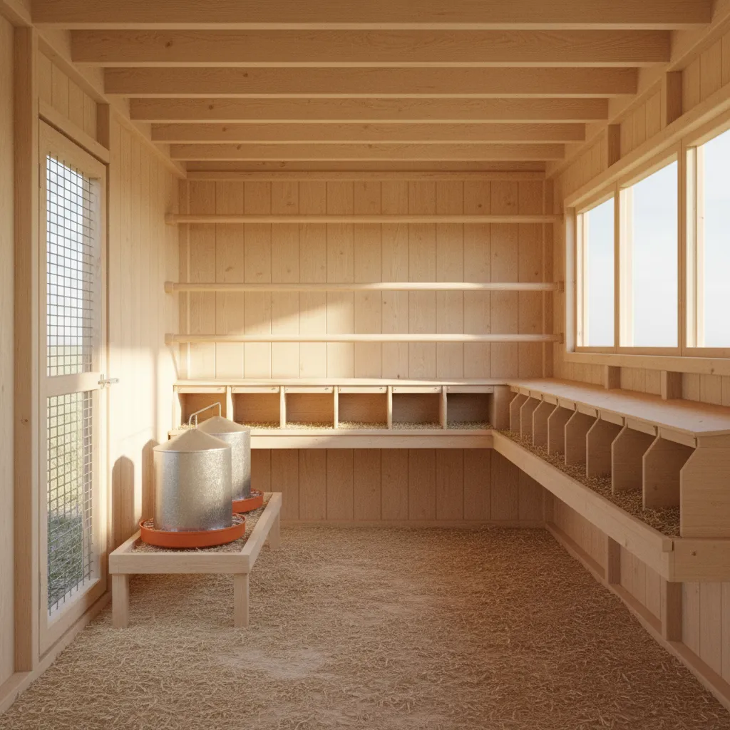 Modelo 3D simple de un gallinero mostrando distribución interior