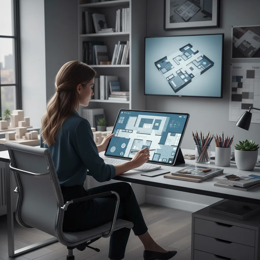 Diseñador revisando distribución geométrica en plano digital de interior