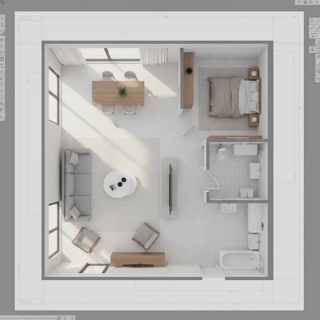 Plano digital de distribución de una habitación con muebles