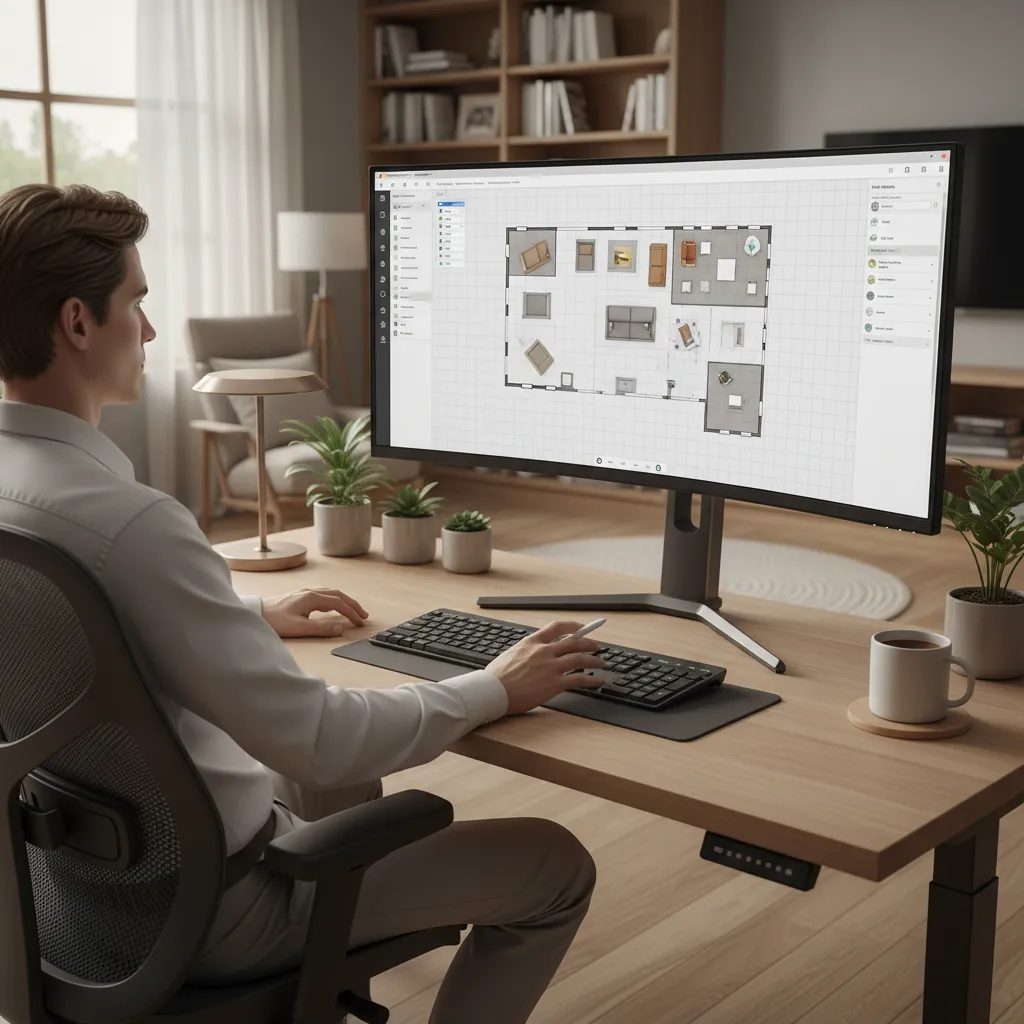 Man at desk using computer to edit floor plan layout in interior design software tool