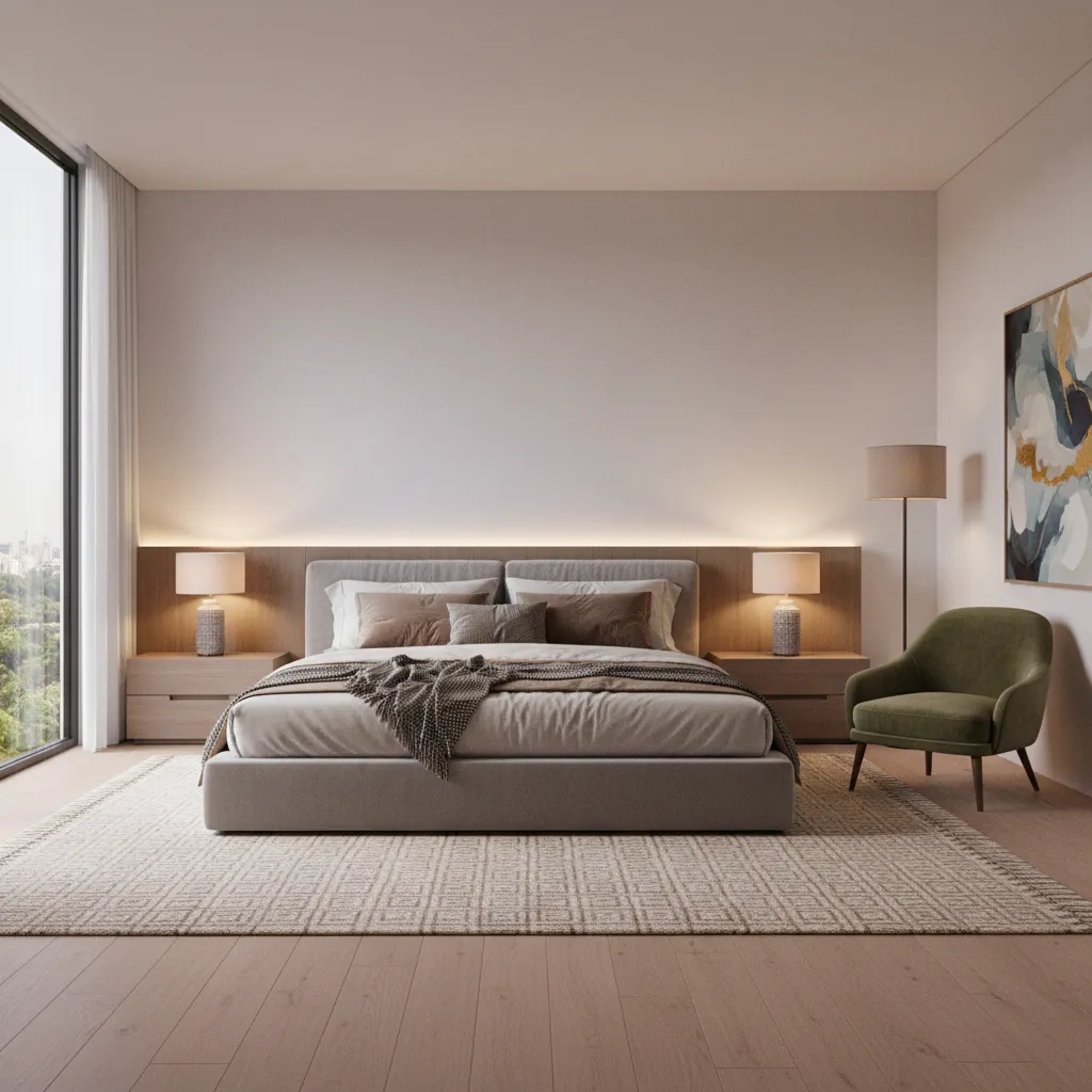 Modern bedroom with grey bed wooden headboard table lamps green armchair rug and floor windows