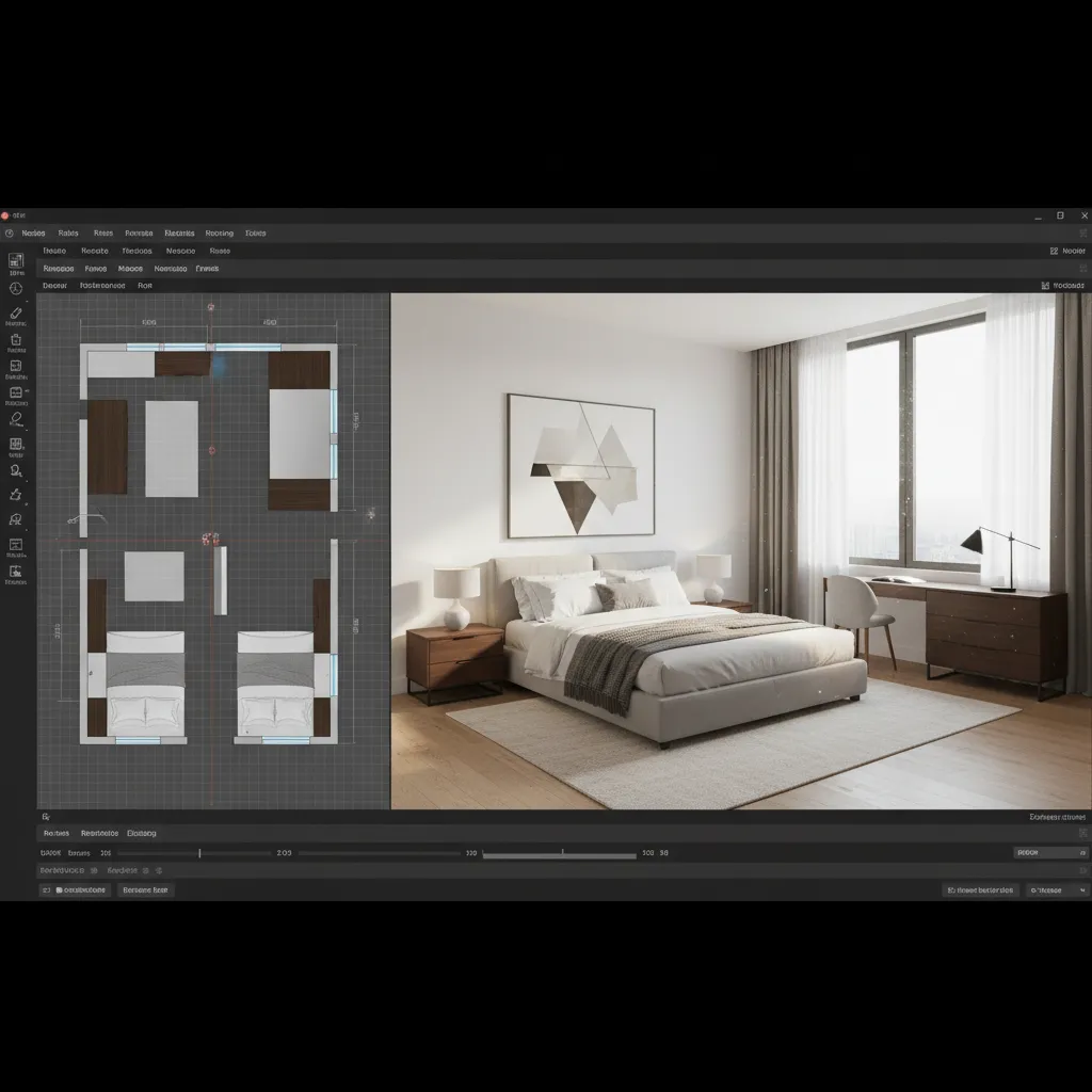 planificación de una habitación en software de diseño 3D mostrando muebles y medidas