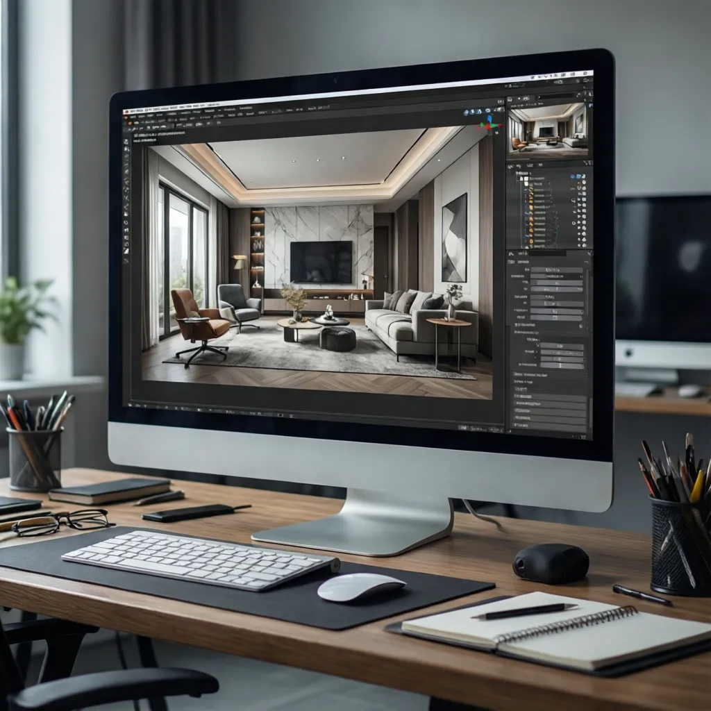 Pantalla con software de planificación de habitaciones en 3D