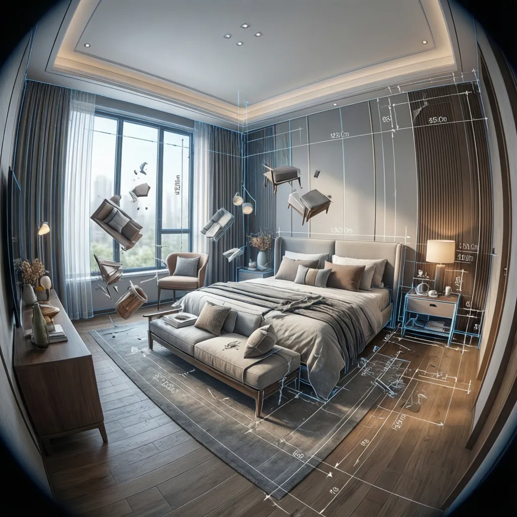 Planificación 3D de una habitación con muebles y medidas visibles