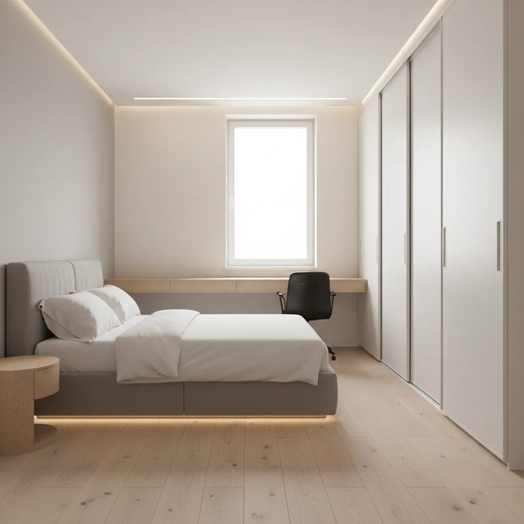 Diseño digital de una habitación con cama, escritorio y armario en 3D