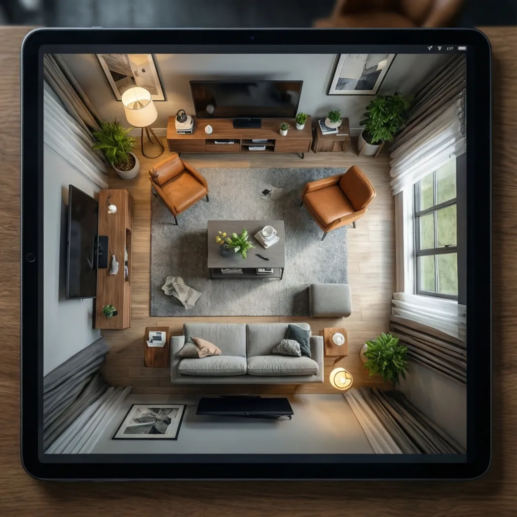 Planificación digital de una sala de estar con muebles colocados en plano