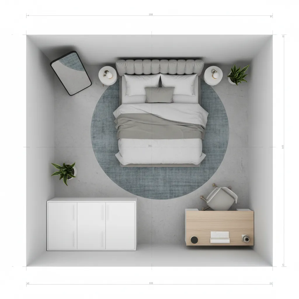 Diseño digital de una habitación con muebles organizados en plano
