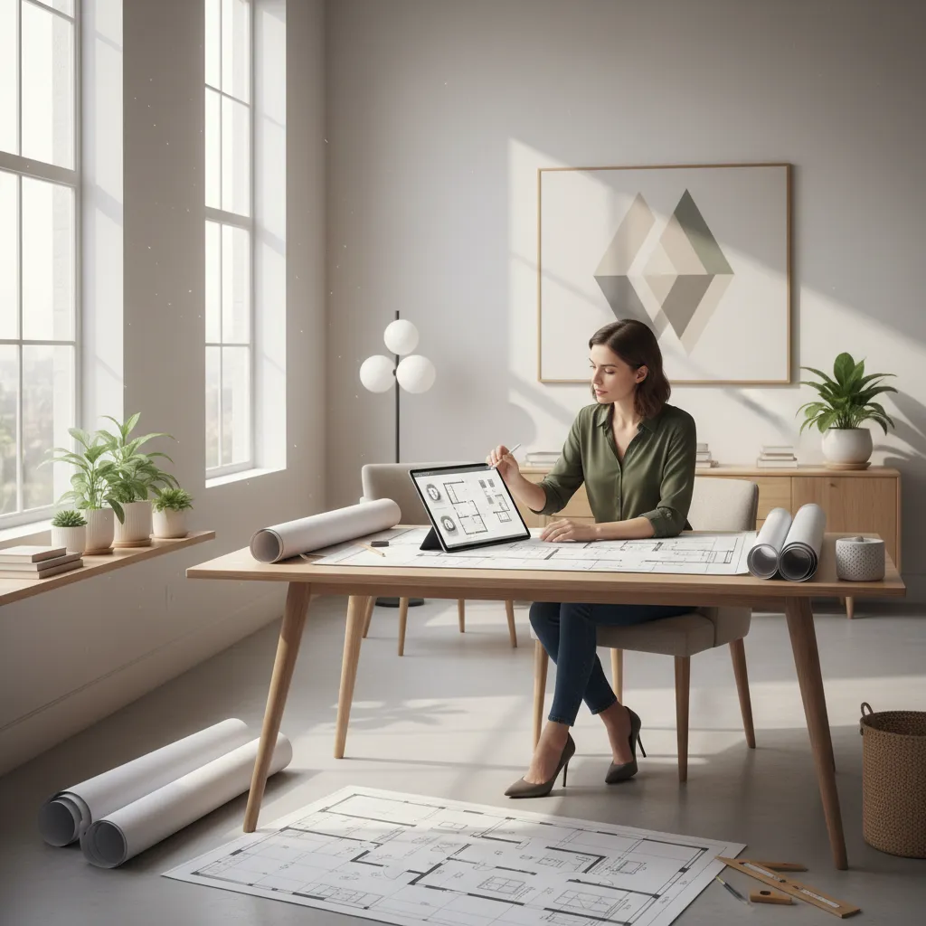 Diseñador organizando la distribución de muebles en una habitación