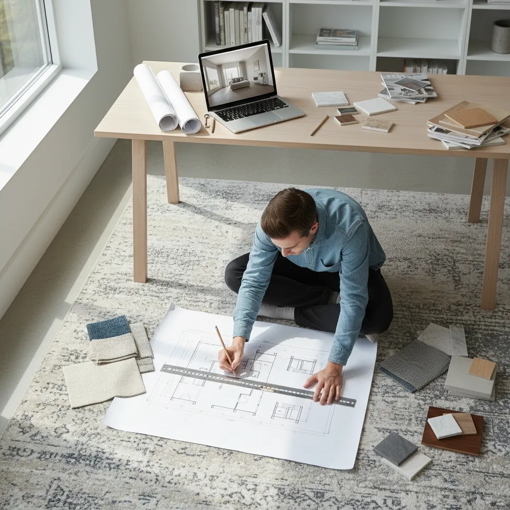 Designer sitting on carpet drawing a floor plan with a laptop and material samples nearby