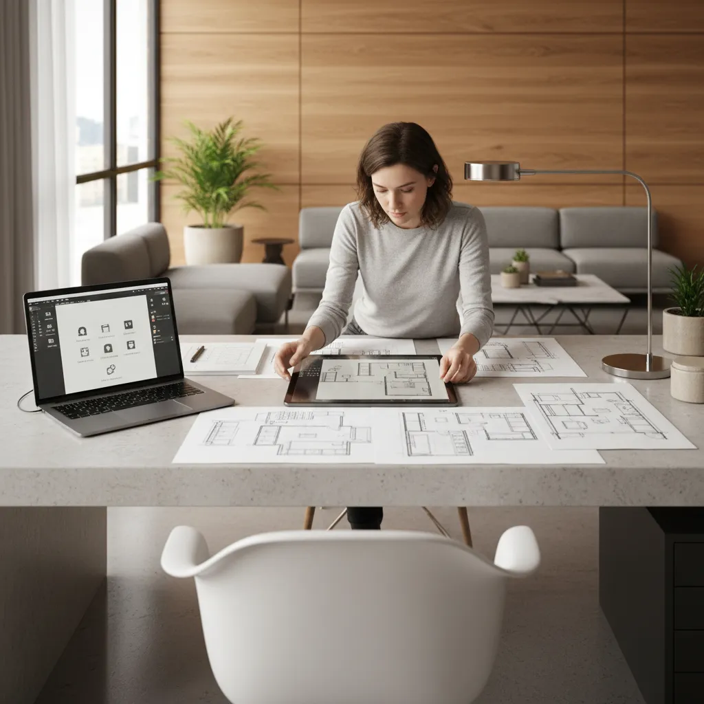 Diseñador organizando la distribución de muebles en un plano digital