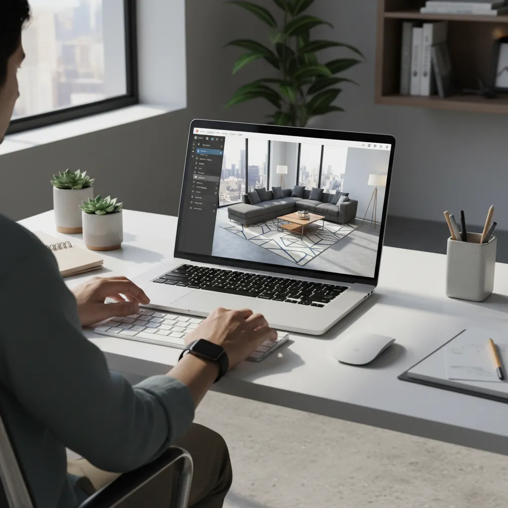 Diseñador reorganizando muebles en un planificador digital de habitación