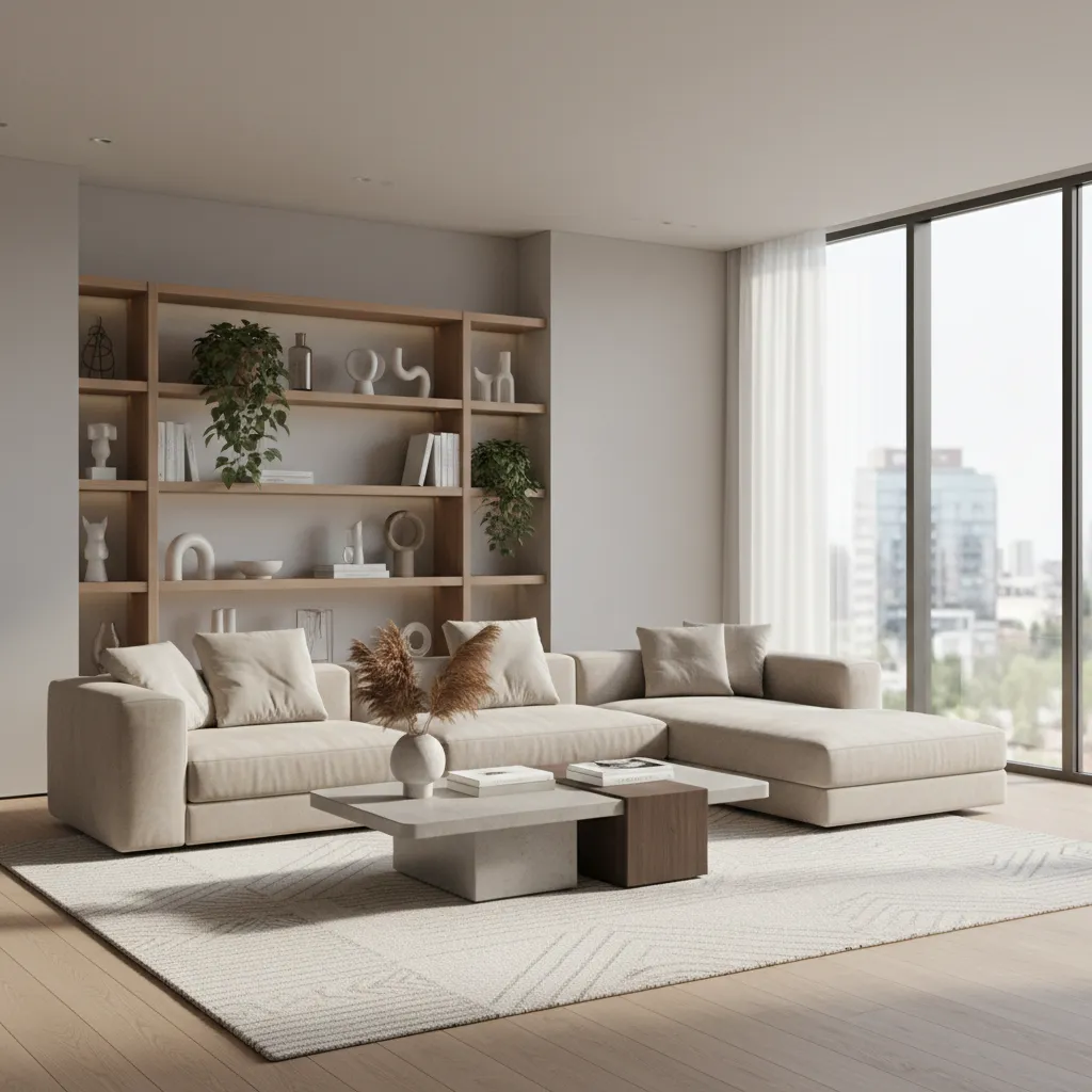Diseño digital de sala de estar con muebles organizados en modelo 3D