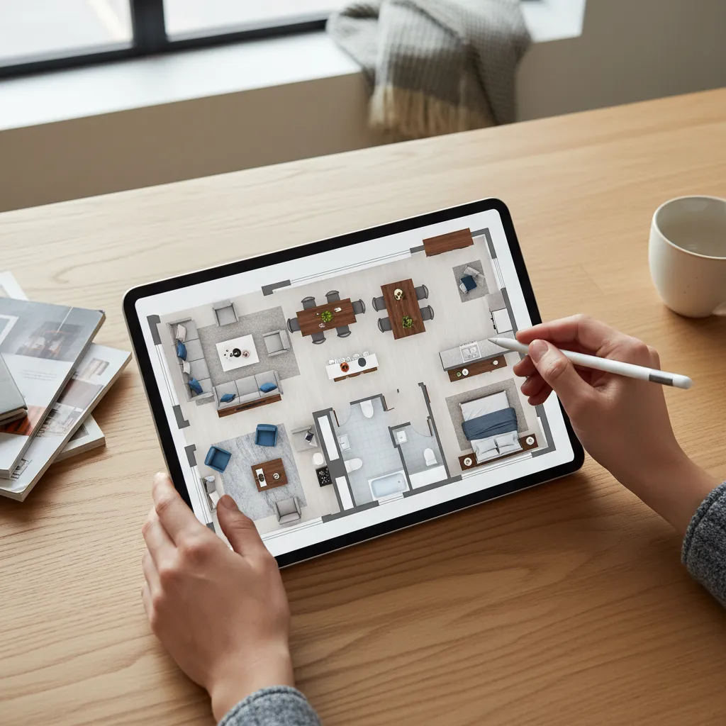 Planificación de una habitación con mobiliario y distribución