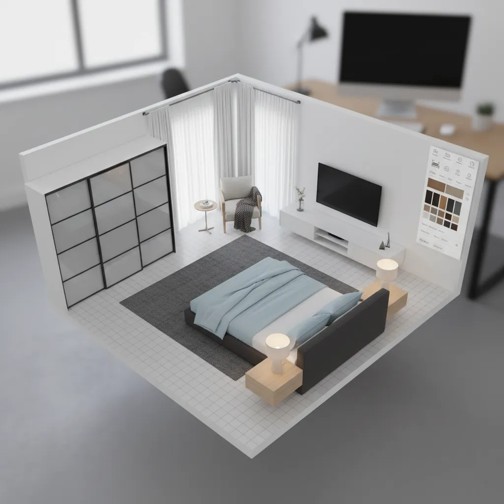 Isometric bedroom interior design drawing with blue bed white wardrobe TV console and grey rug