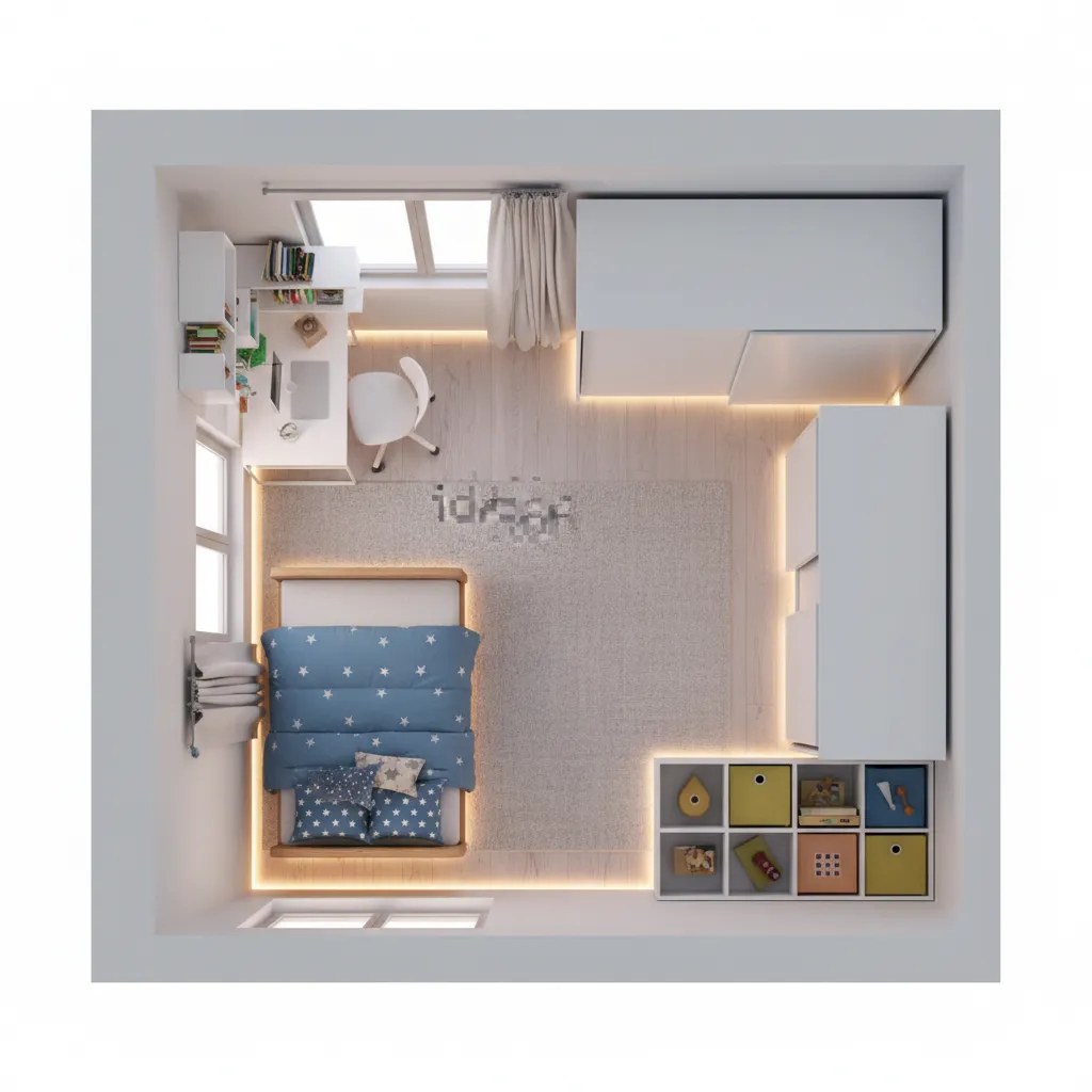 Plano 3D de distribución de habitación infantil