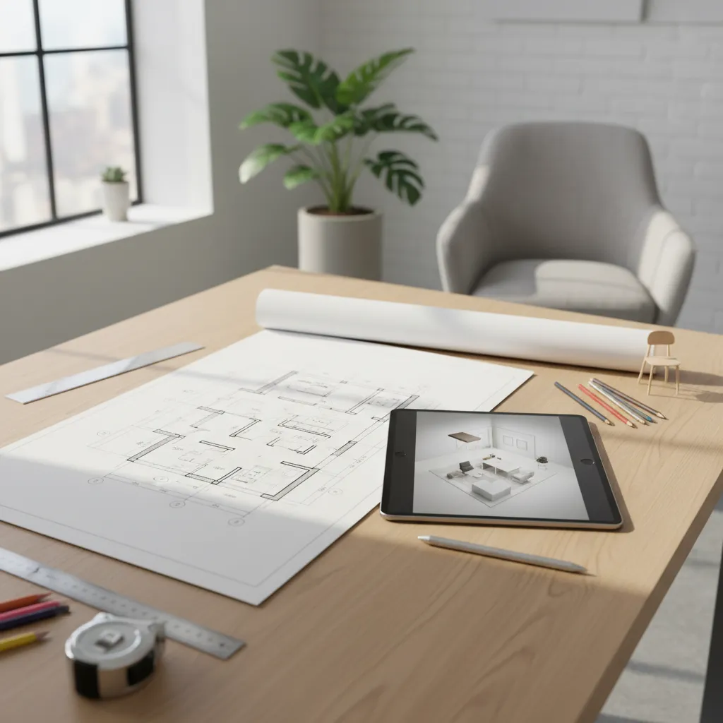 Planificación de una habitación con plano y diseño digital