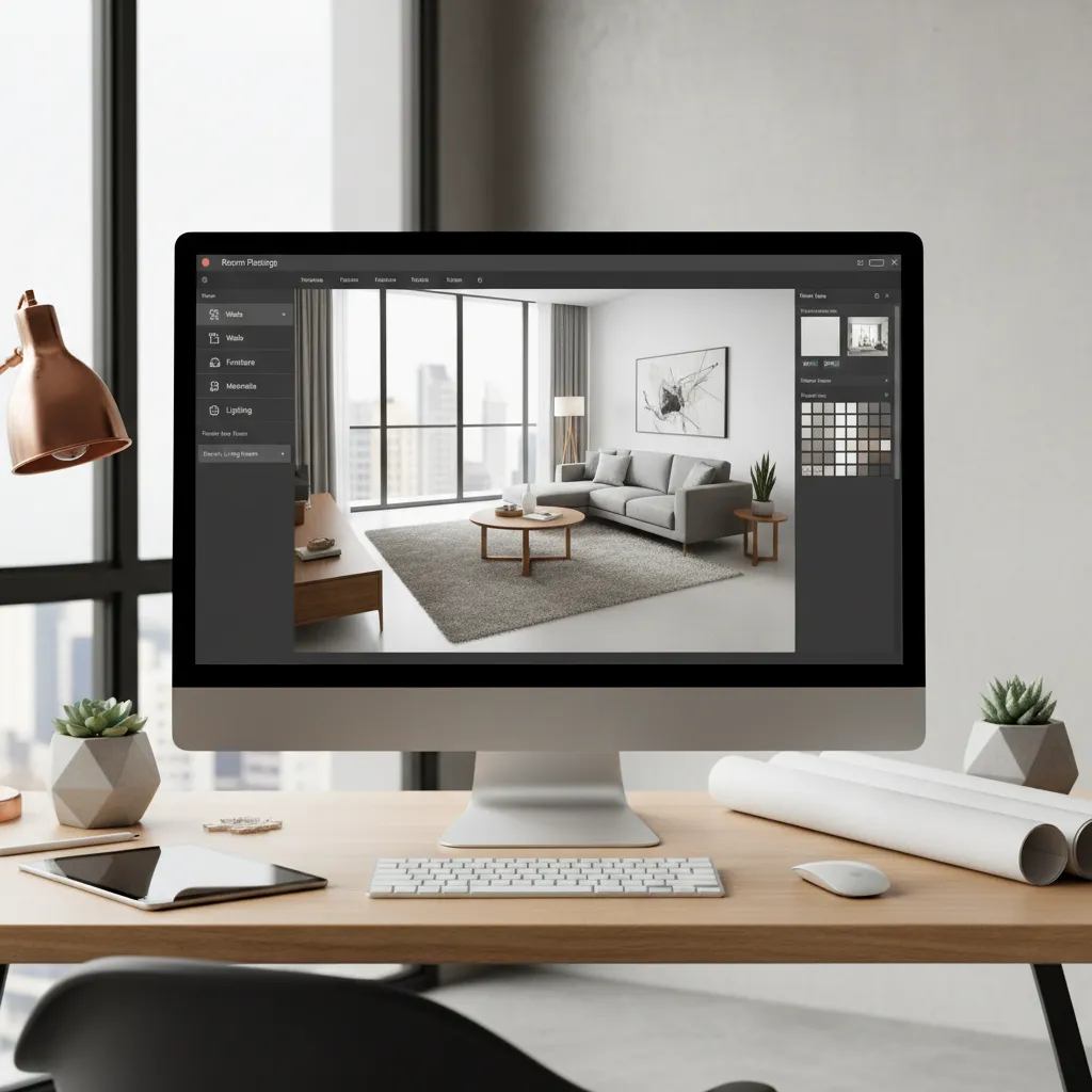 Computer screen showing interior design drawing software with a modern living room 3D render view