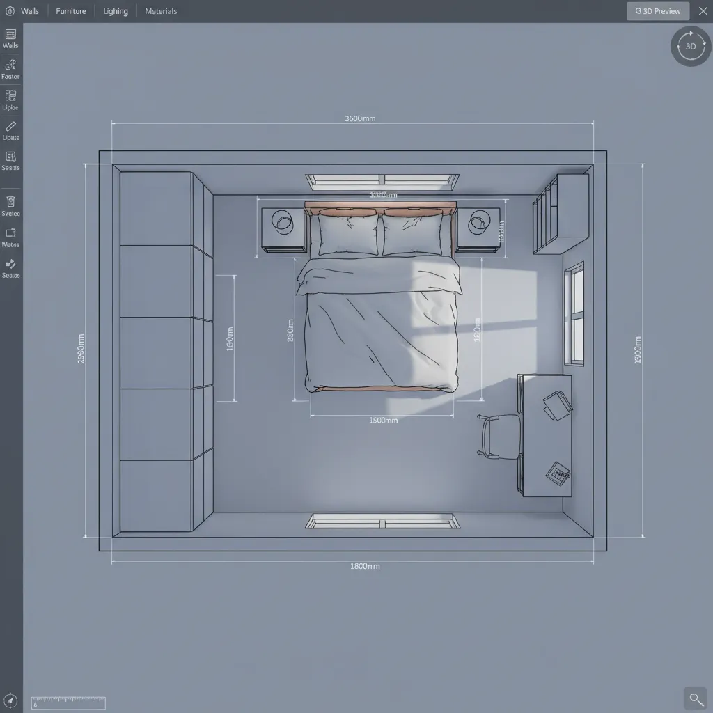 planificación digital de una habitación con muebles en vista superior