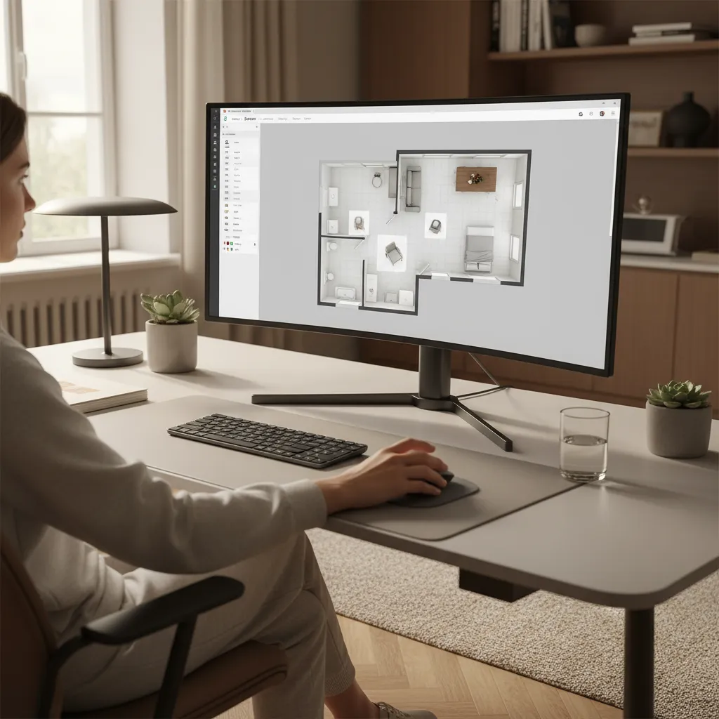 Usuario organizando muebles virtuales en un planificador de habitaciones