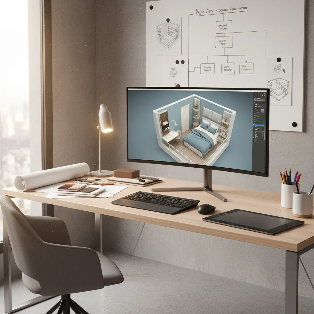Designer desk showing interior design drawing on monitor with keyboard mouse lamp and drawing tablet