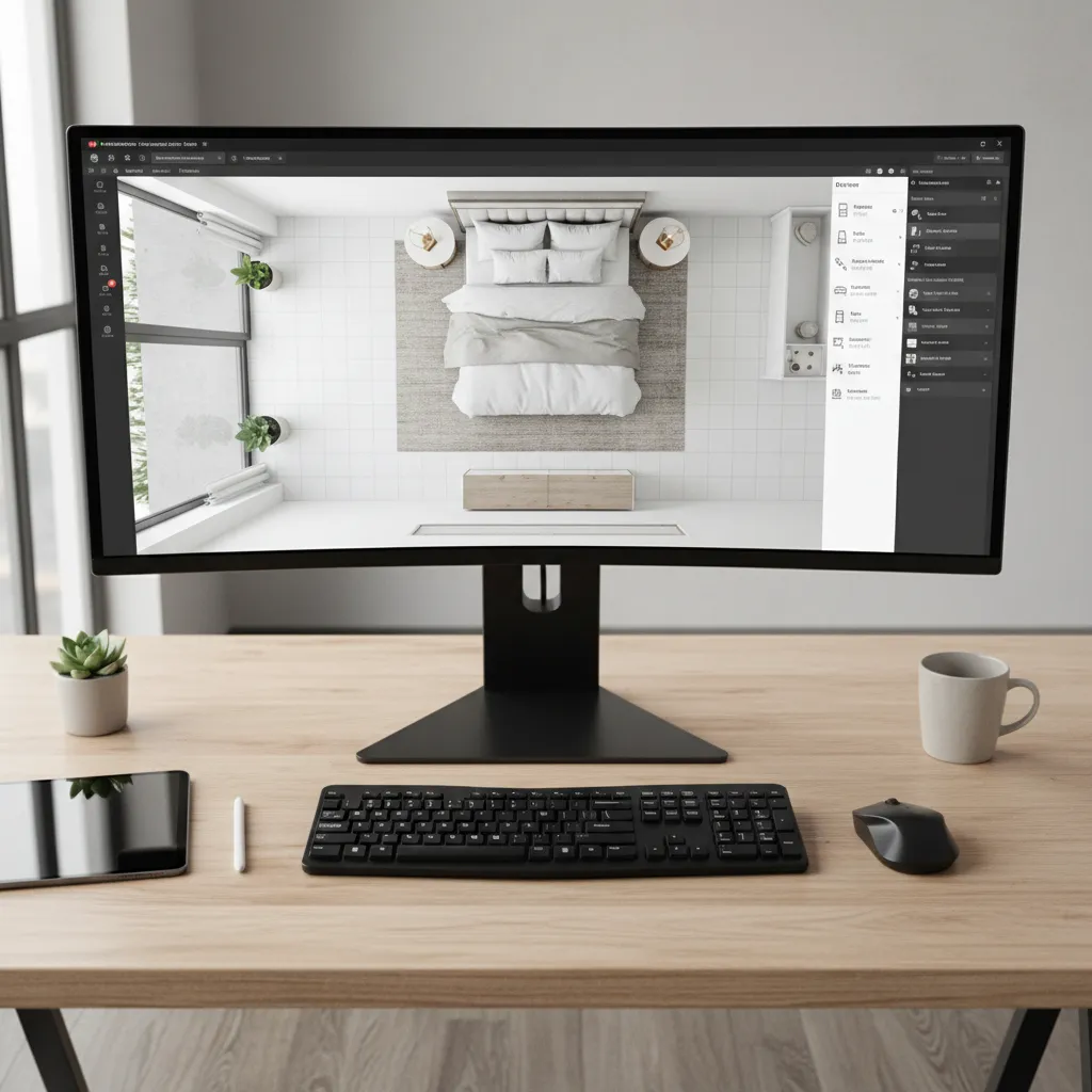 Computer monitor showing top down bedroom layout design on a wooden desk with office accessories