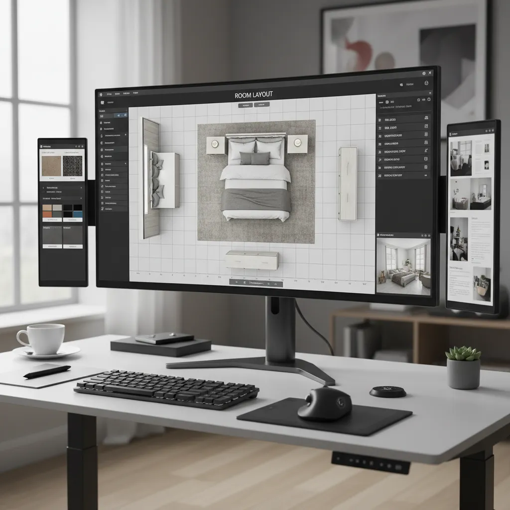 Plano digital de una habitación con muebles colocados en software de diseño