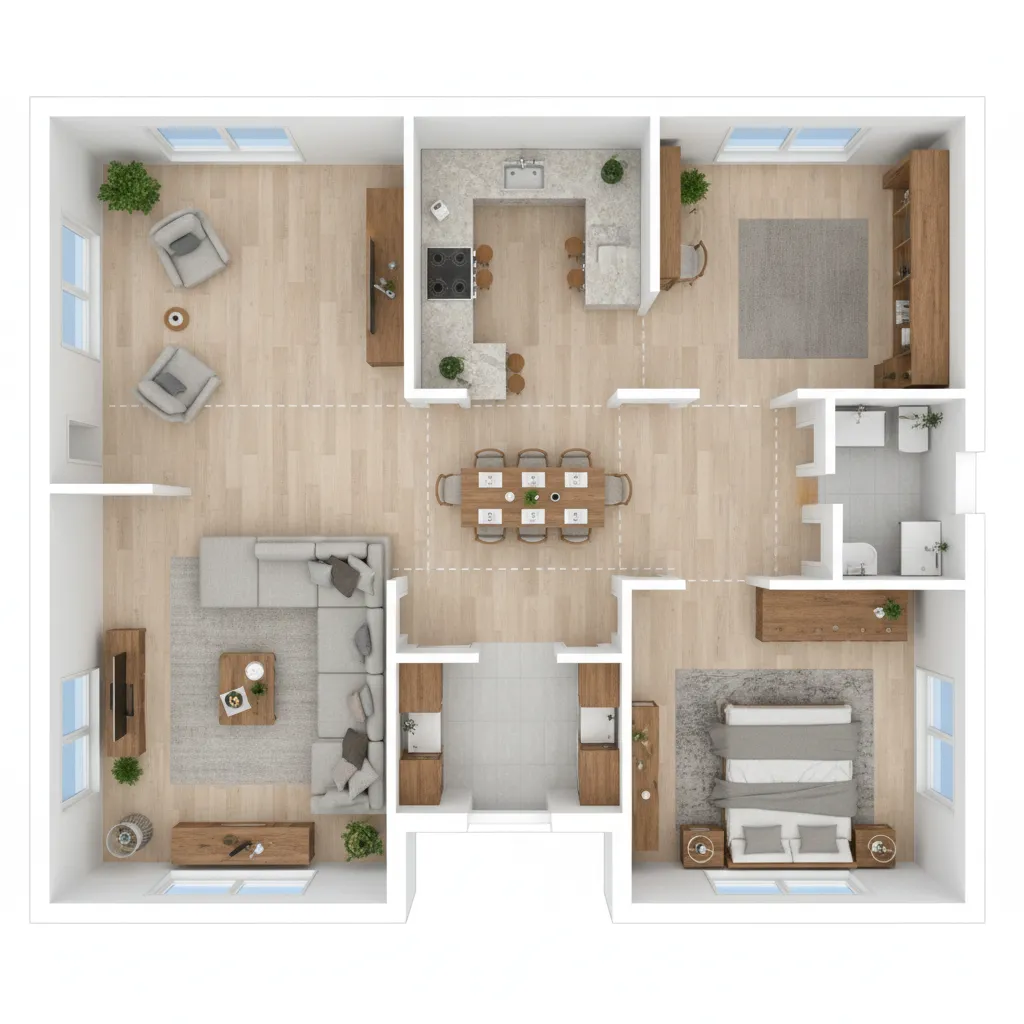 Top down view of a house layout with living room kitchen dining area and bedroom