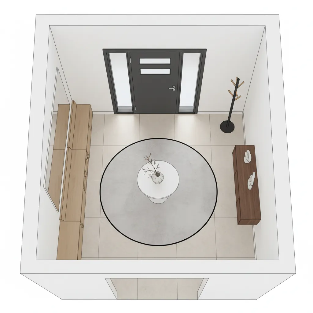 Plano de distribución de hall de entrada con zonas de paso y almacenamiento