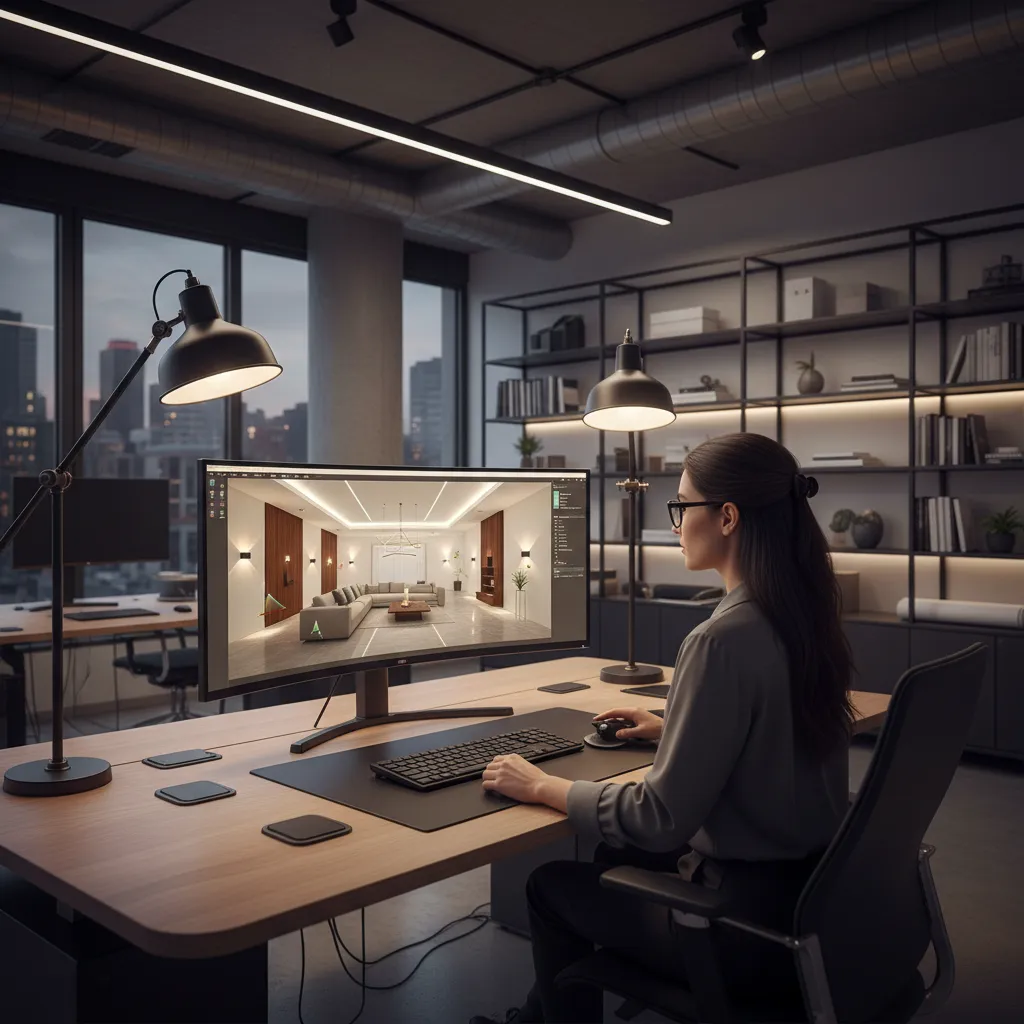 Diseñador revisando un modelo 3D para planificar iluminación interior
