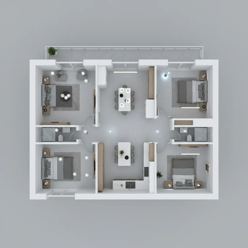 Plano digital de interior mostrando distribución de iluminación