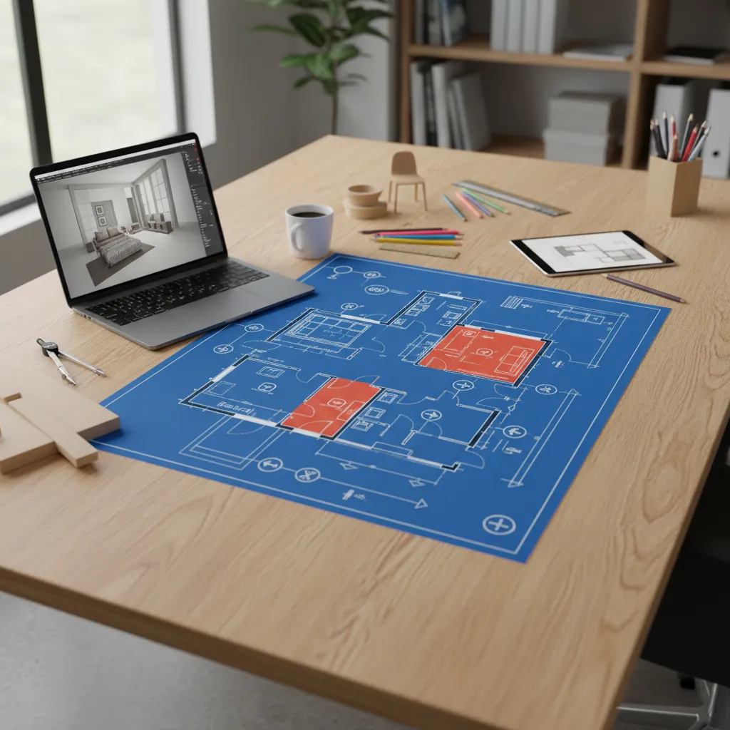 Plano de vivienda mostrando planificación de puntos de luz