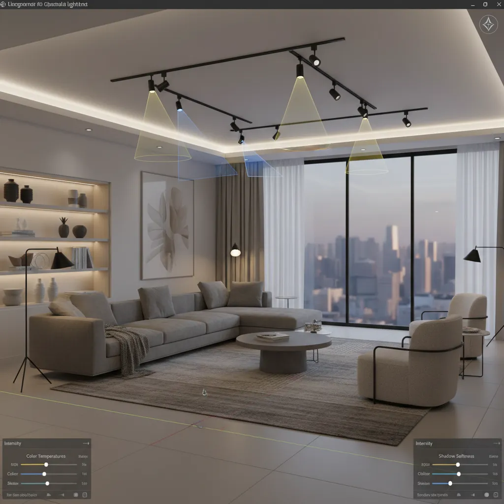 Render 3D de planificación de iluminación en un proyecto interior
