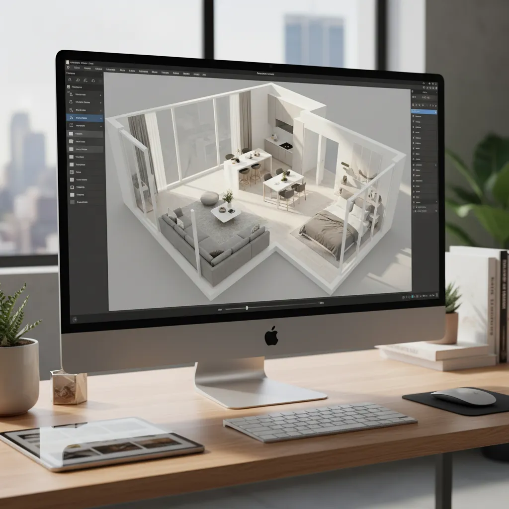 Diseño de interior visualizado en software 3D con distribución del mobiliario