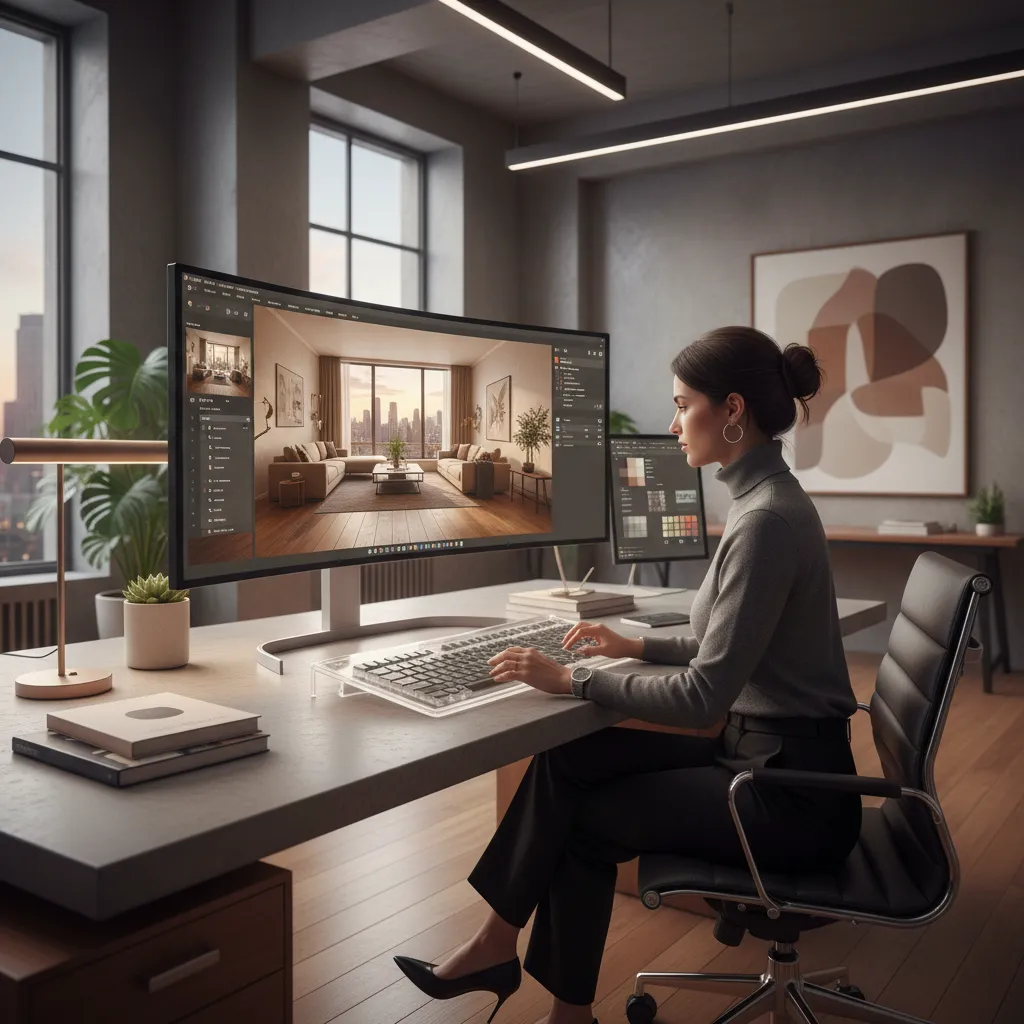 Diseñador trabajando con planificación interior en modelo 3D