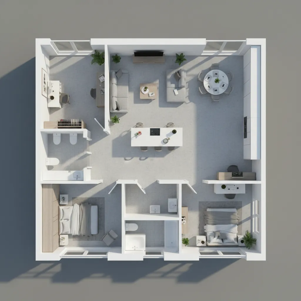 Plano digital 3D de un apartamento con distribución interior