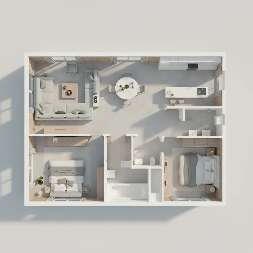 Vista 3D de un plano interior mostrando muebles y circulación