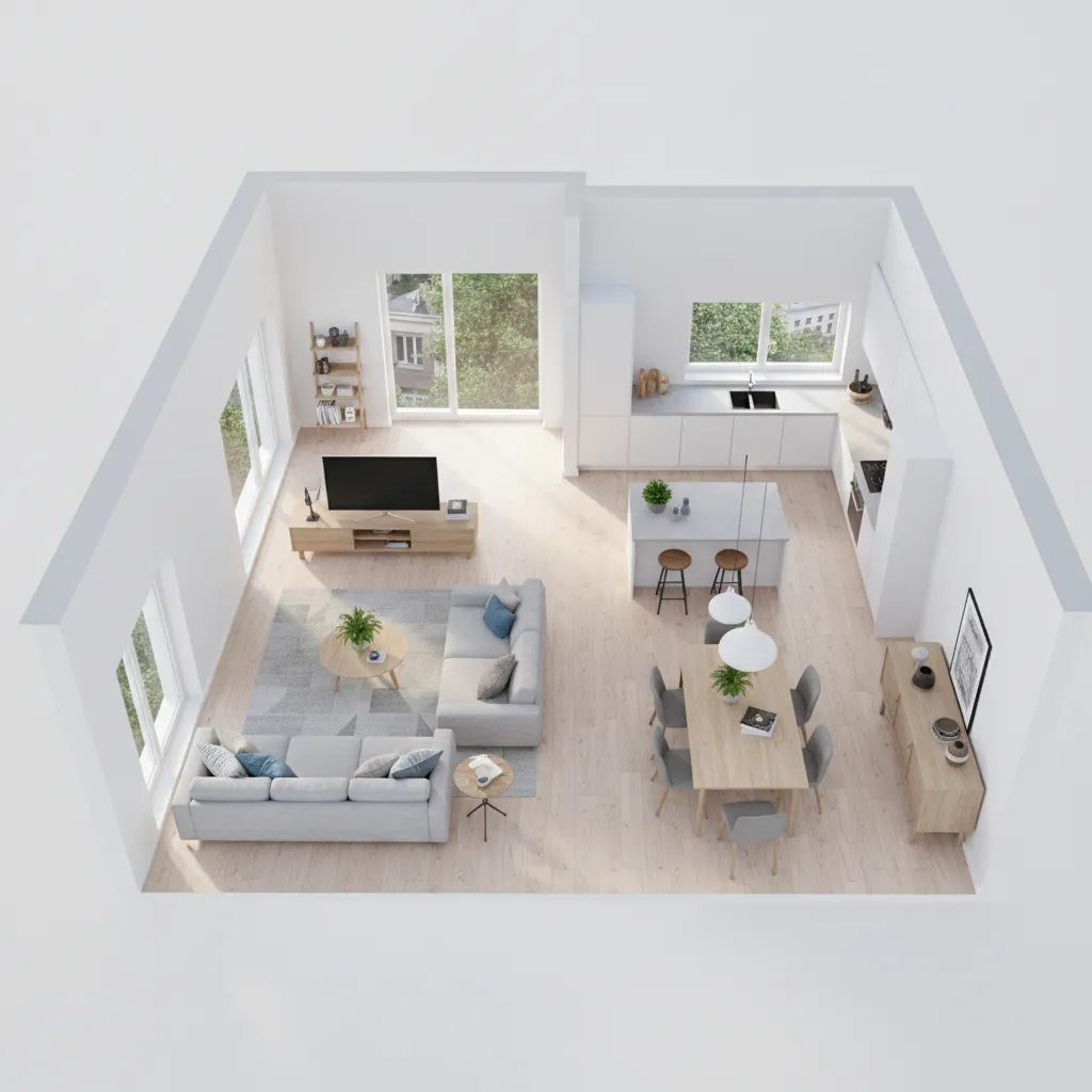 Modelo 3D de un apartamento moderno mostrando sala, comedor y cocina