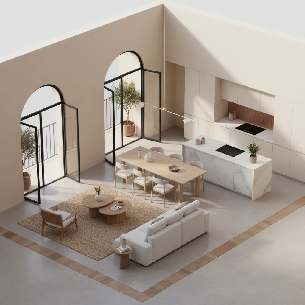Interior design drawing showing open kitchen dining area and living room with a white sofa