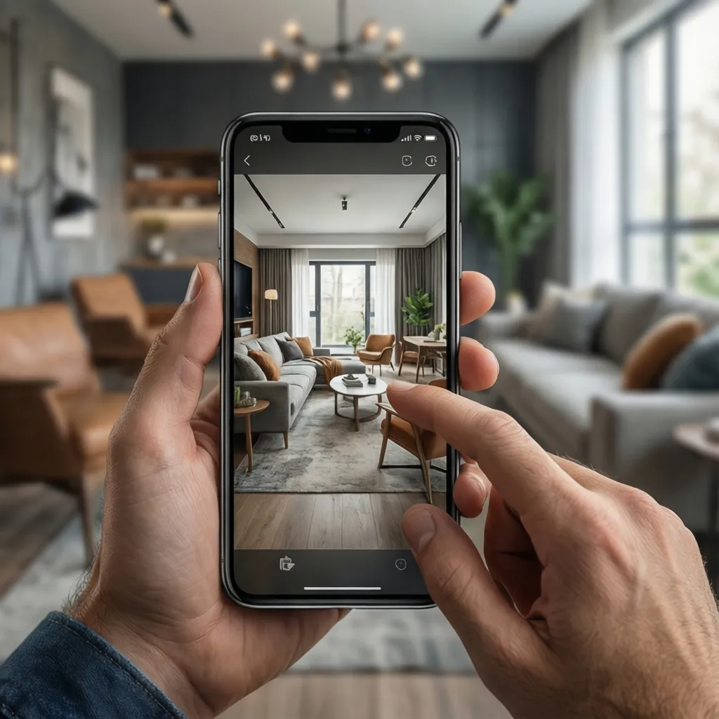 Persona probando distribución de muebles en una aplicación de diseño interior