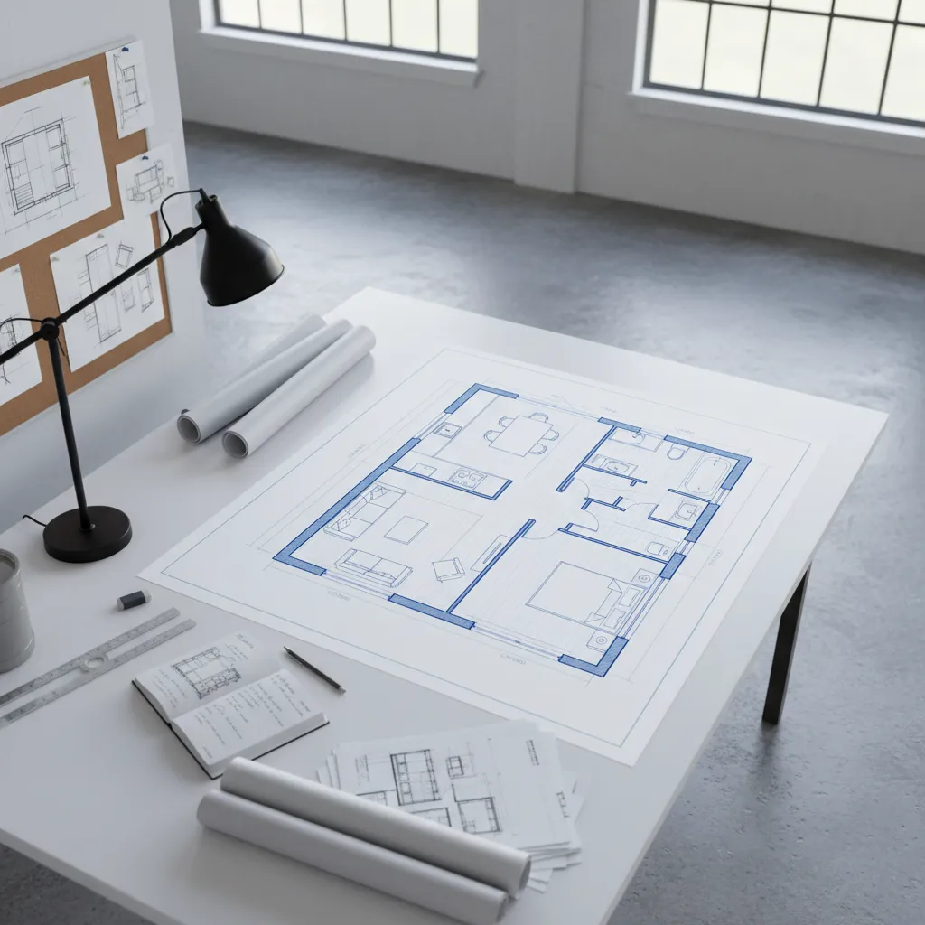 Plano arquitectónico con distribución interior y mobiliario