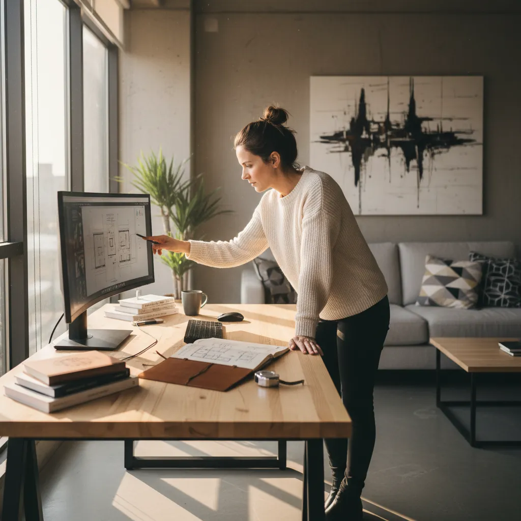 Diseñador revisando plano de interior en computadora y cuaderno