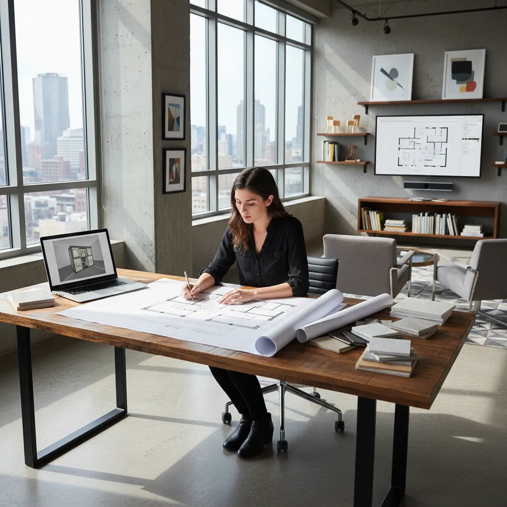 Woman working on floor plan layout at wooden desk with laptop and large paper drawings