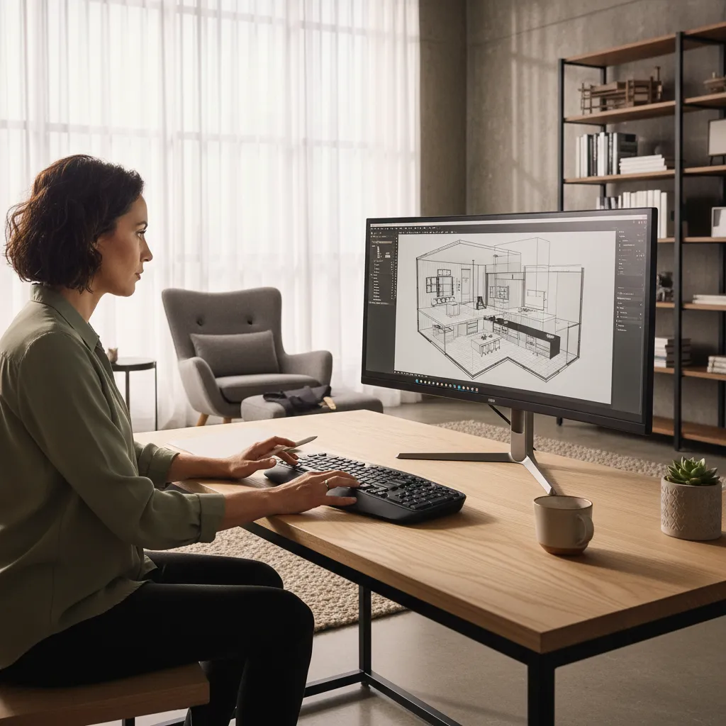 Persona planificando el interior de una casa moderna en un plano digital