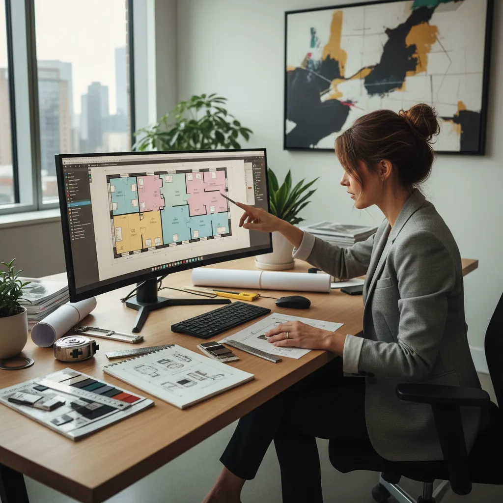 Diseñador revisando un plano digital de una vivienda en ordenador