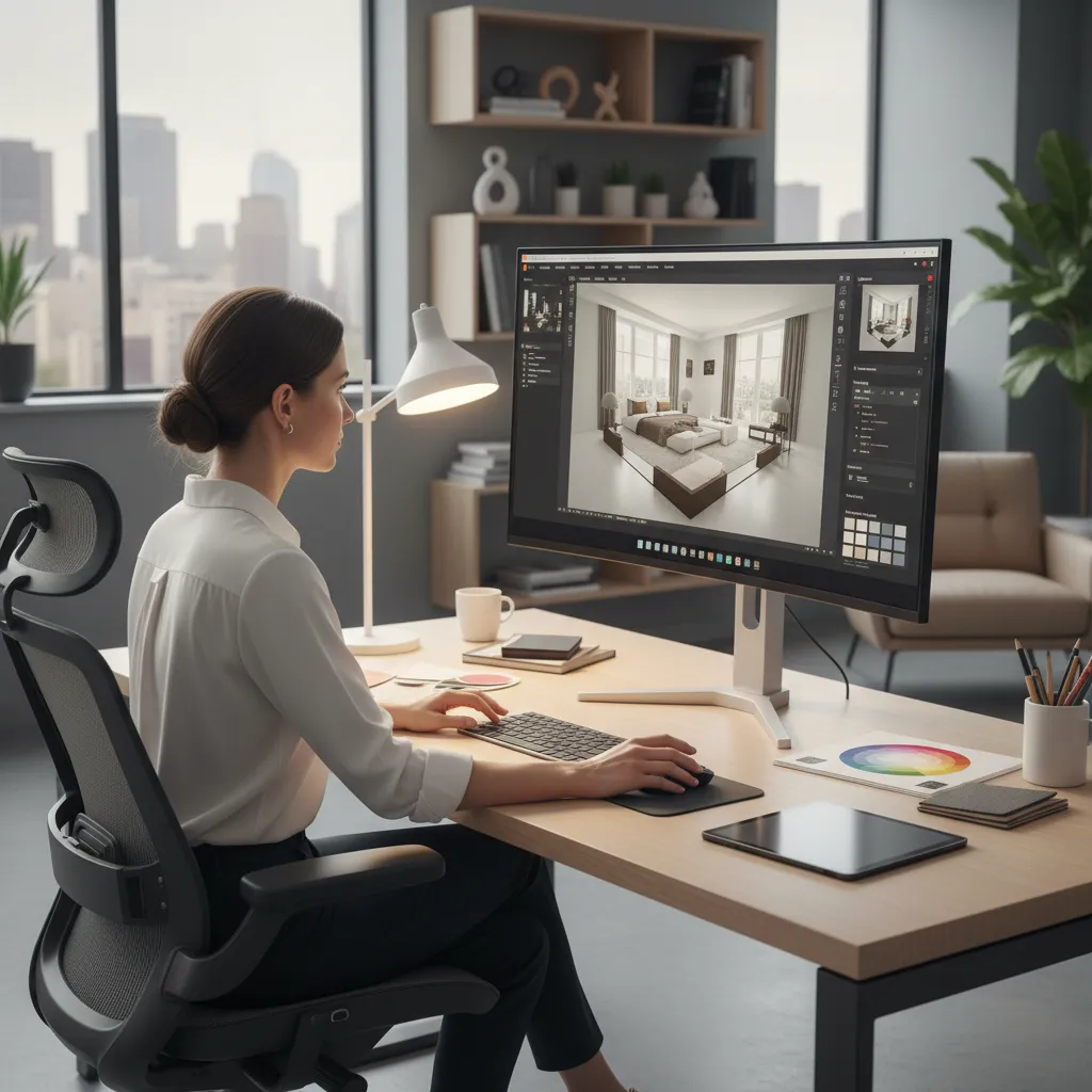 Woman using interior design software on a computer screen to create a modern bedroom layout